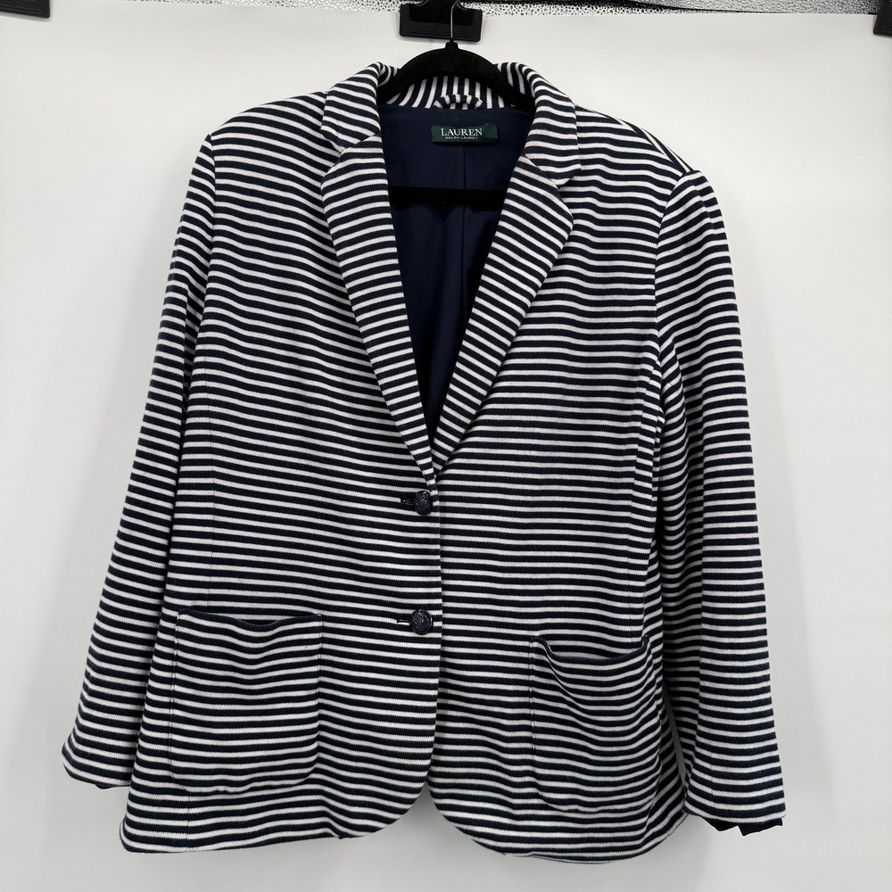 Lauren Ralph Lauren Blazer Womens 1X Blue‎ White Stripe Knit Two Button Nautical